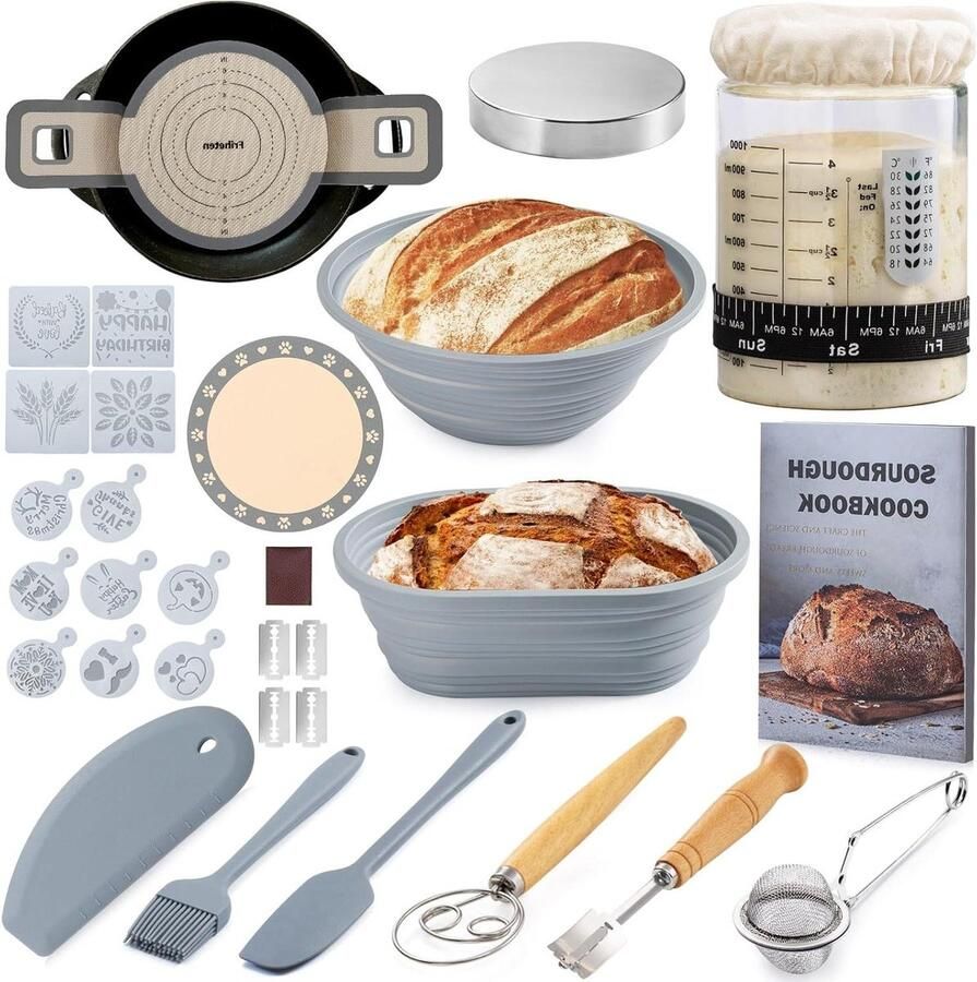Zuurdesem Starter Kit Broodbak Set Ambachtelijk Brood Bakken Inclusief 2 Rijsmanden 40oz Pot Grijs