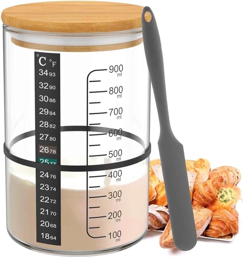 Zuurdesem starterglas Broodbak pot Brood bakken thuis Inclusief temperatuurmeter 560 gram inhoud Transparant