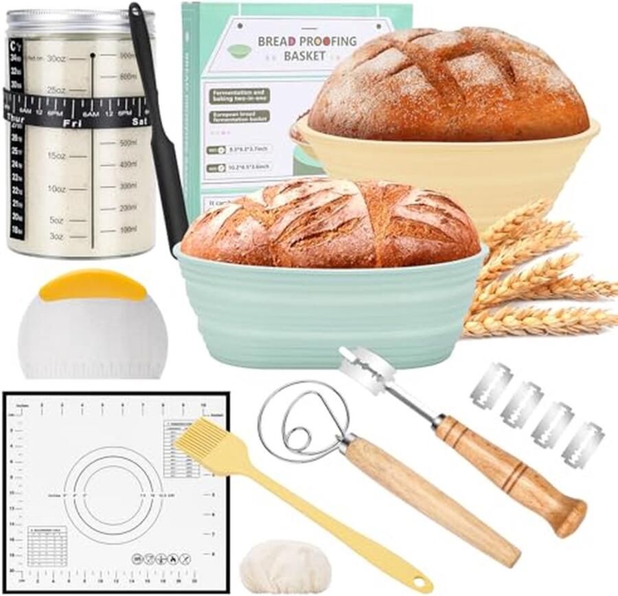 Zuurdesem Starterset Broodbak Set Brood Bakken Thuis Complete Kit Inclusief Manden 1 Liter Pot Grijs