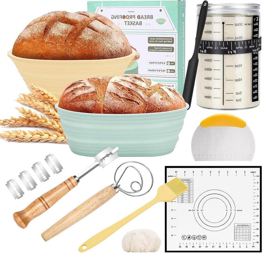 Zuurdesem Starterset Broodbak Set Brood Bakken Thuis Compleet Inclusief Gistingsmanden 23 & 25 cm Grijs