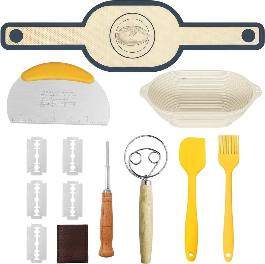 Zuurdesem Starterset Broodbakset Rijsmand Zelf Brood Bakken Compleet met 7 Accessoires 11 inch Ovaal Beige