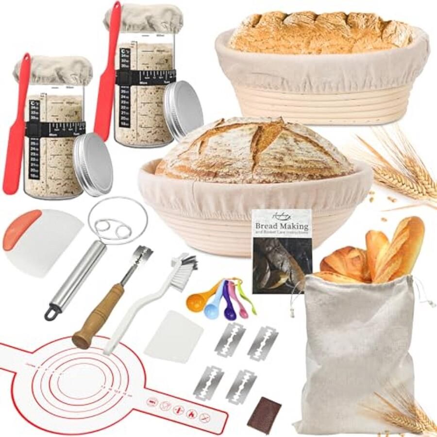 Zuurdesem Starterset met Ronde en Ovale Broodmand Compleet Bakpakket voor Beginners