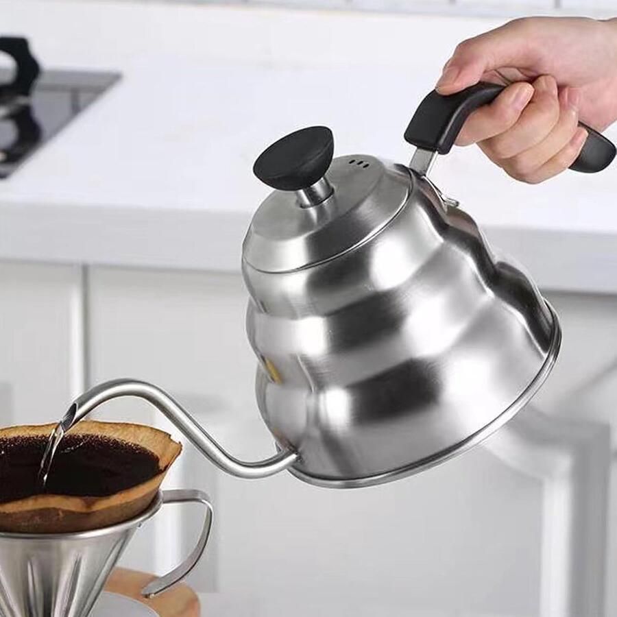 Zwanenhals Ketel Koffieketel Waterkoker Handmatig Koffie Zetten Ingebouwde Temperatuurmeter 1L Zilver - Foto 2