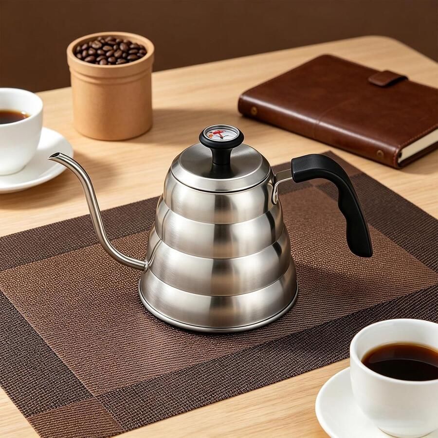 Zwanenhals Ketel Koffieketel Waterkoker Handmatig Koffie Zetten Ingebouwde Temperatuurmeter 1L Zilver