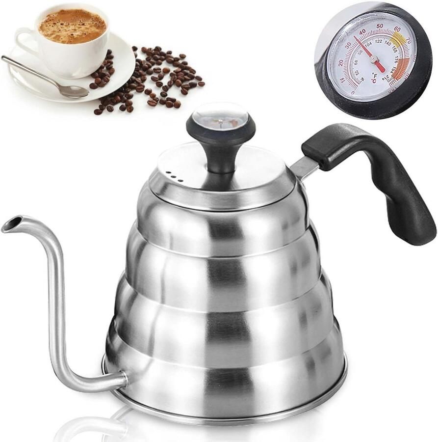 Zwanenhals Waterkoker 1200 ml Roestvrij Staal met Thermometer en Ergonomische Handgreep