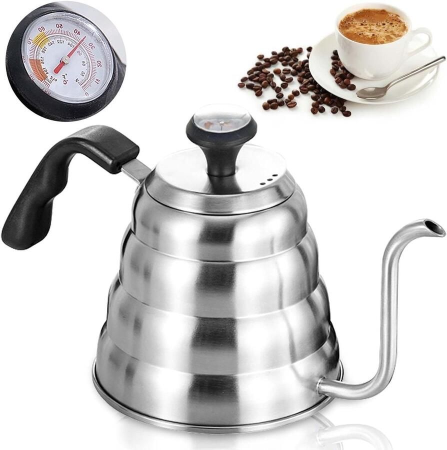 Zwanenhals Waterkoker 1200 ml Roestvrij Staal met Thermometer en Ergonomische Handgreep