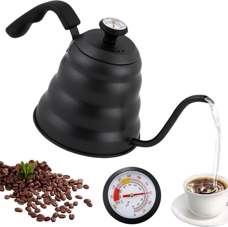 Zwanenhals waterkoker 1200 ml roestvrij staal met thermometer zwart