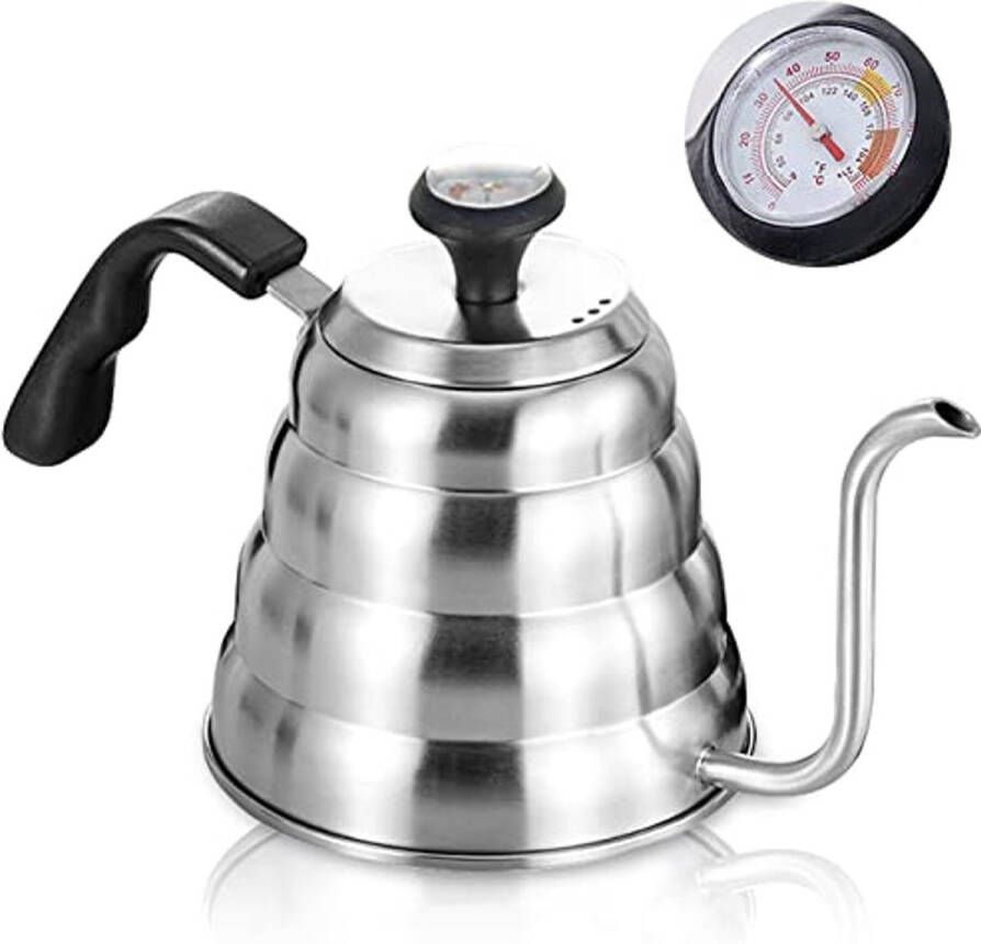 Zwanenhals waterkoker 1200 ml van roestvrij staal met thermometer voor alle warmtebronnen