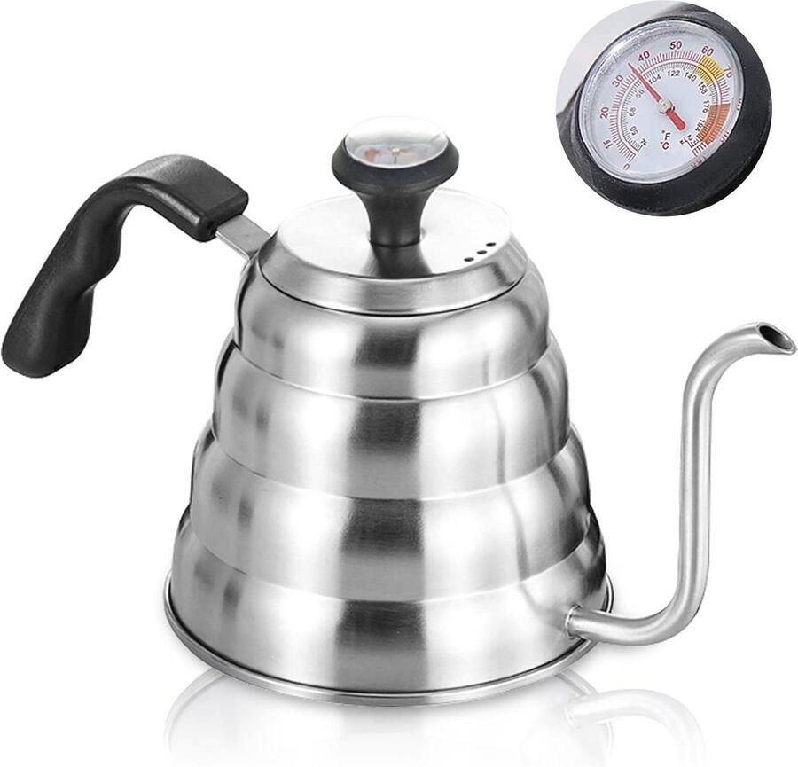 Zwanenhals waterkoker 1200 ml van roestvrij staal met thermometer voor alle warmtebronnen