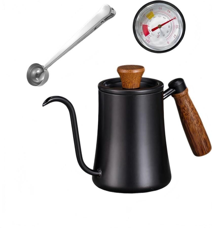 Zwanenhals waterkoker Koffieketel met tuit Koffie zetten thuis Ingebouwde thermometer 550 ml inhoud Zwart
