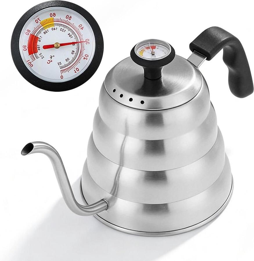 Zwanenhals waterkoker Koffieketel theemaker Filterkoffie zetten Geïntegreerde thermometer 1 Liter Zilver