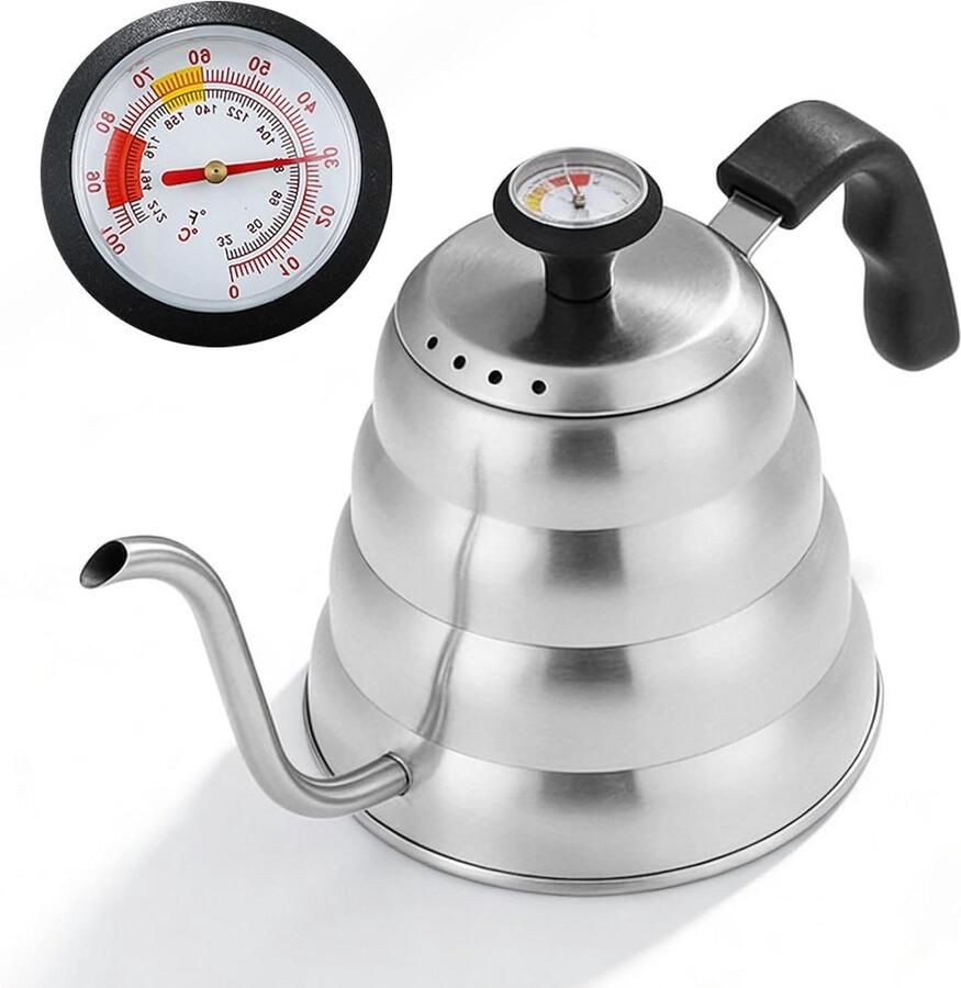 Zwanenhals Waterkoker Koffieketel Theepot Koffie Thee Zetten Geïntegreerde Thermometer 1 Liter Zilver