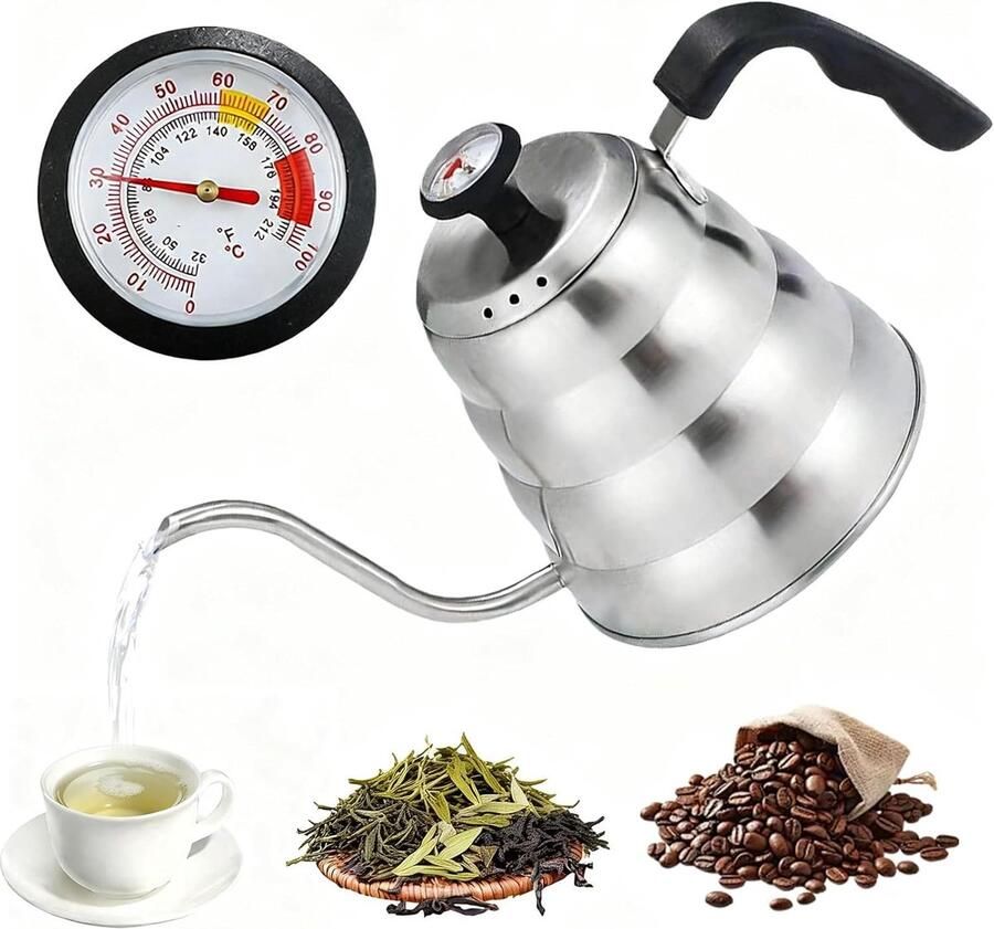 Zwanenhals Waterkoker Roestvrij Staal Met Thermometer Voor Inductie en Gas Voor Koffie en Thee