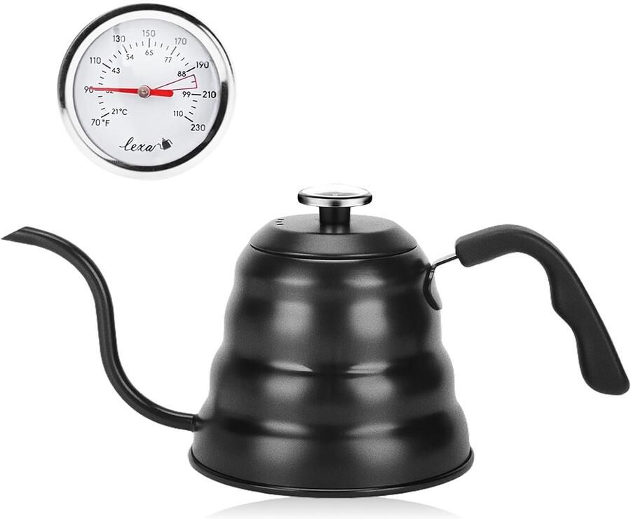 Zwanenhals Waterkoker Zwart 1200 ml Roestvrij Staal met Thermometer Voor Koffie- en Theeliefhebbers