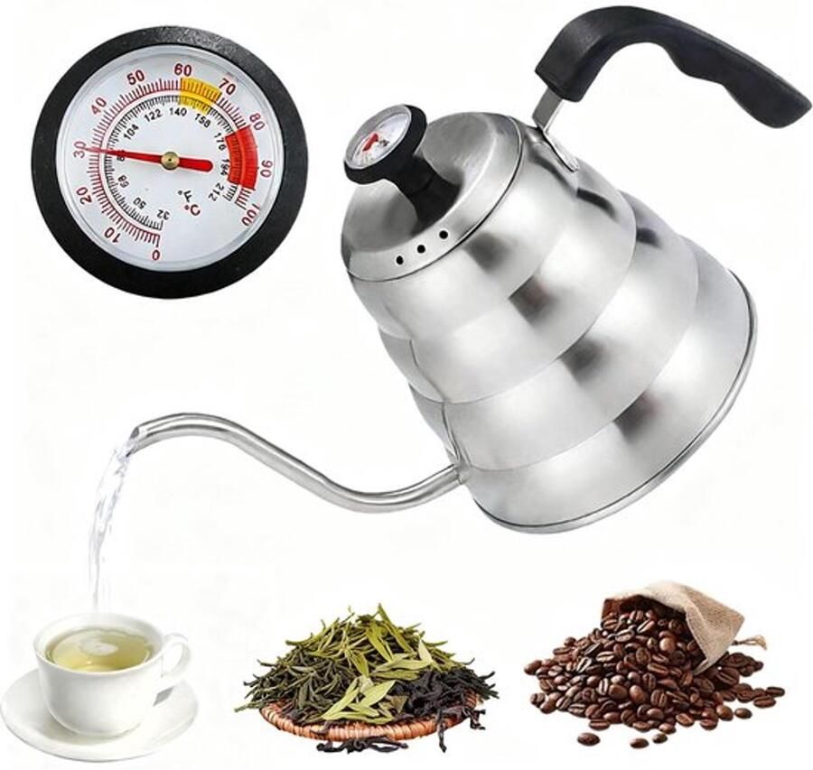 Zwanenhalswaterkoker 1 liter roestvrijstalen waterkoker met thermometer voor overgieten met lange tuit theewaterkoker inductie geschikt voor koffie en thee handdruppelwaterkoker voor gas- en