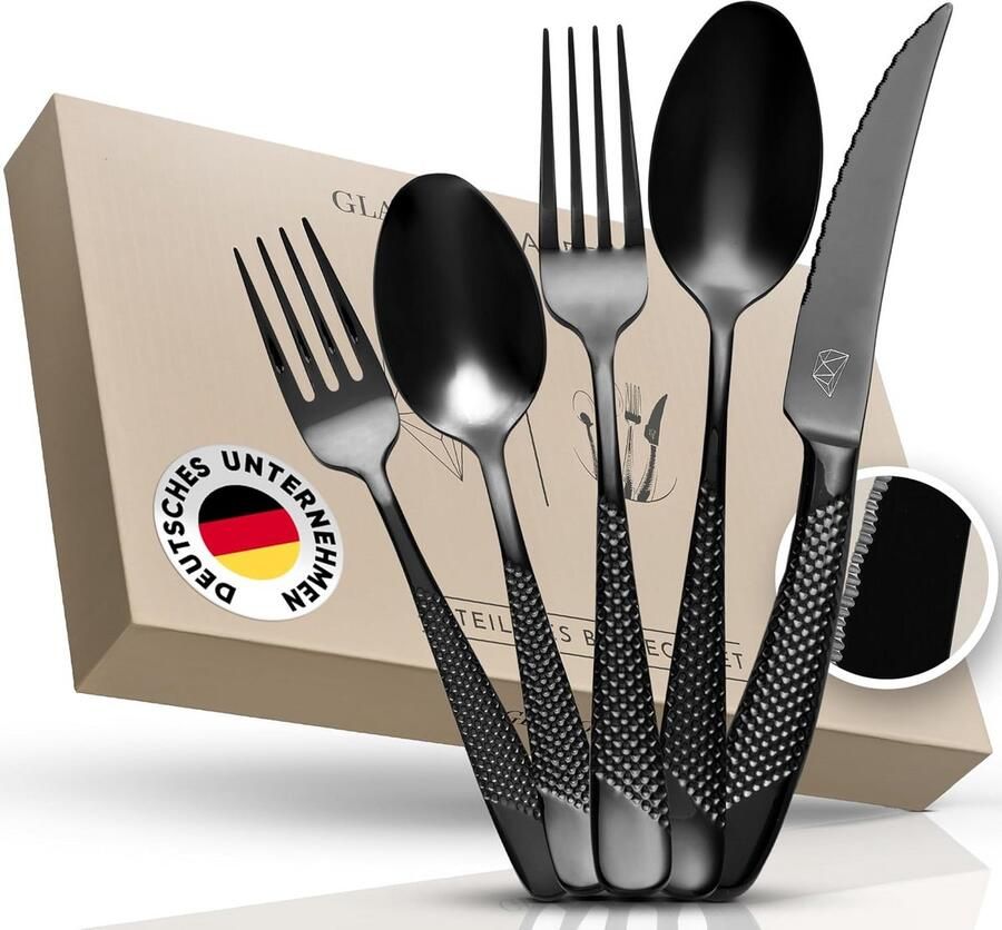 Zwart Bestekset 30-Delig voor 6 Personen Roestvrij Staal 18 8 Inclusief Luxe Verpakking en Steakmessen