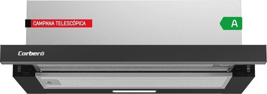 Zwarte afzuigkap 60 cm 350 m³ h 65 W vermogen 2 snelheden 3-laags aluminium filter koolstoffilter energie-efficiëntie B