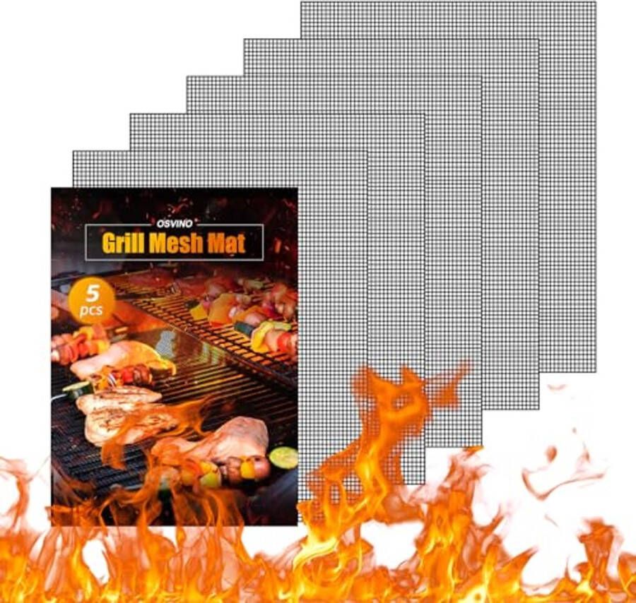 Zwarte BBQ Grill Mesh Mat 5 Pack Herbruikbare Antiaanbak Grillmatten 40x30cm voor Gas en Houtskool