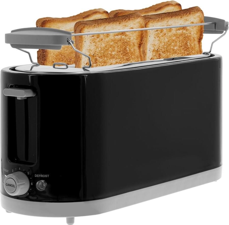Zwarte Broodrooster met 4 Sleuven 1400 Watt 7 Instellingen Dubbele Toastfunctie Ideaal voor Sandwiches en Broodjes