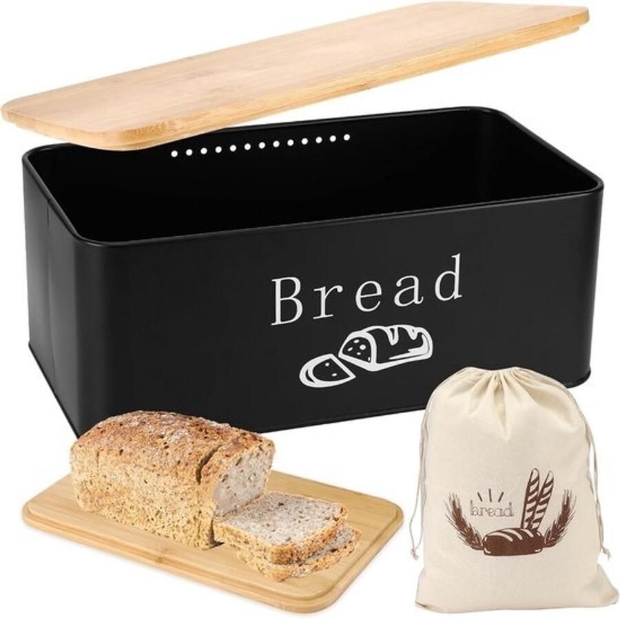 Zwarte Broodtrommel met Snijplank en Linnen Broodzak Houdt Brood Vers en Stijlvol
