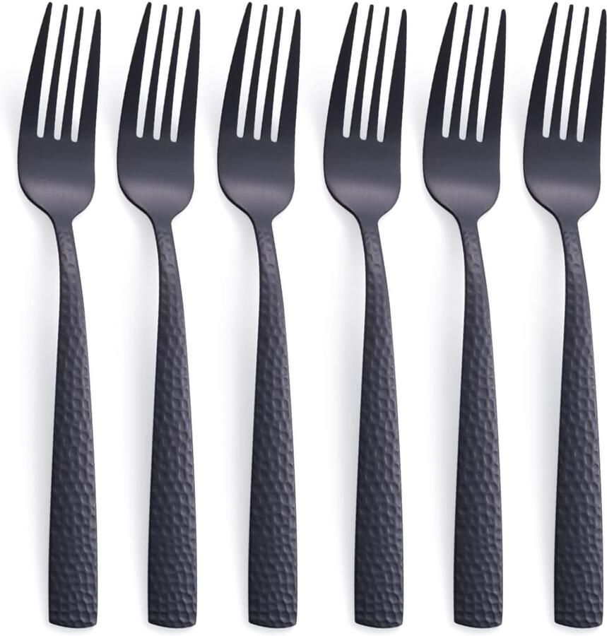Zwarte Dinervorken Set Roestvrij Staal Bestek Stijlvol Dineren Gehamerd Design Satijn 20 Cm Lengte Mat Zwart