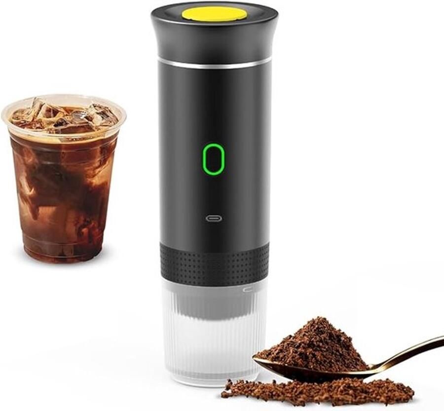 Zwarte draadloze koffiemachine voor in de auto thuis en op reis 3-in-1 elektrische koffiemachine geschikt voor capsules of gemalen koffie mini-koffiemachine (15 bar) voor koud en warm koffiezetten kopjes met een inhoud van 15 ml