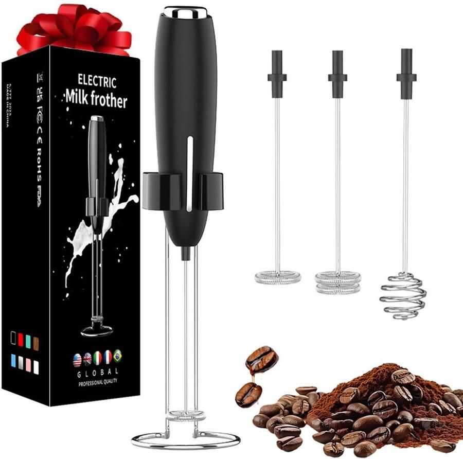 Zwarte elektrische melkopschuimer 3 opzetstukken en standaard draadloze mini mixer voor koffie eiwit en milkshakes zonder batterij