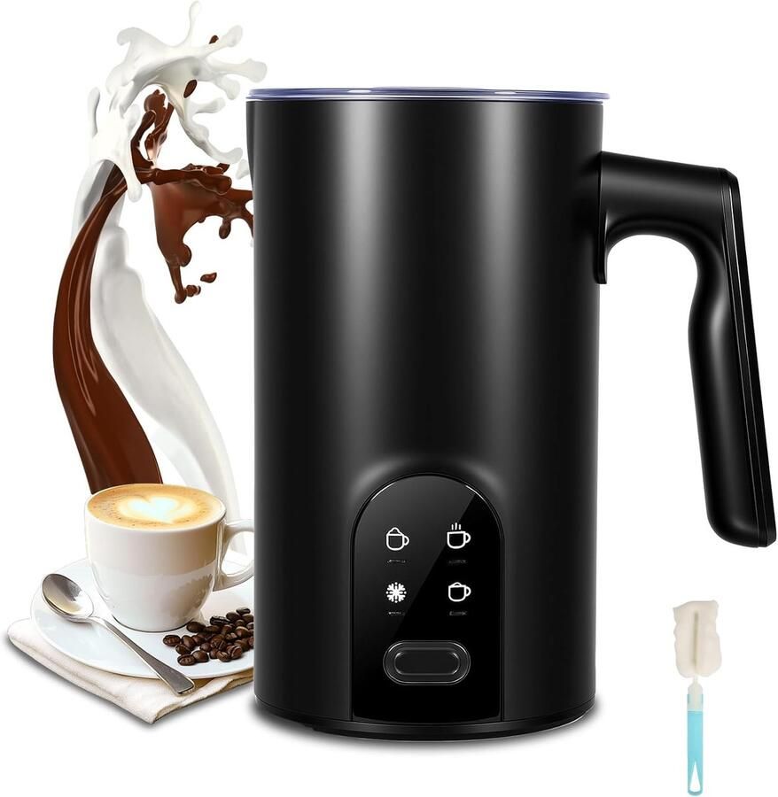 Zwarte elektrische melkschuimer 5-in-1 – Professionele automatische schuimmaker – Voor warm en koud melkschuim – Melkverwarmer & opschuimer met grote capaciteit (350 ml) – Barista-kwaliteit voor latte cappuccino en chocolademelk – Zwart
