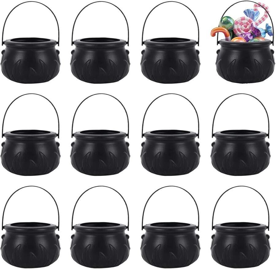 Zwarte Heks Ketel 12Pcs Plastic Heks Ketel Halloween Candy Waterkoker Multi-purpose Candy Houder Pot Met Handvat Voor Halloween Party Decoraties Benodigdheden