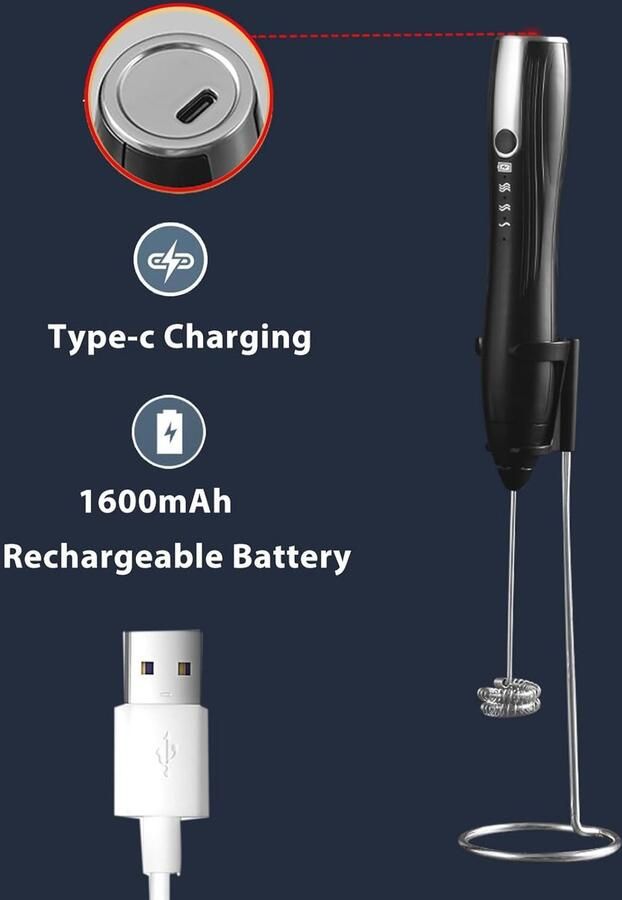 Zwarte Melkopschuimer Handheld Elektrische Drinkmixer met Dubbele Garde USB-C Oplaadbaar 3 Instelbare Snelheden Koffieschuimer voor Latte Matcha Warme Chocolade Eieren Kloppen