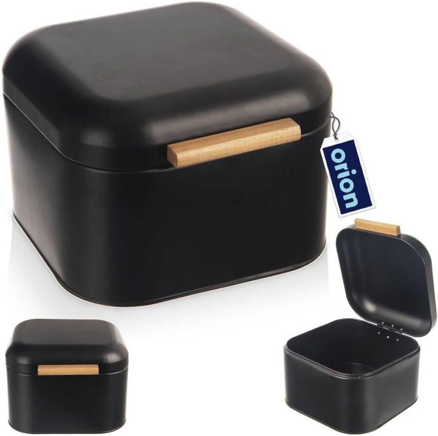 Zwarte metalen broodtrommel met bamboe handvat 21 5 x 20 x 14 5 cm