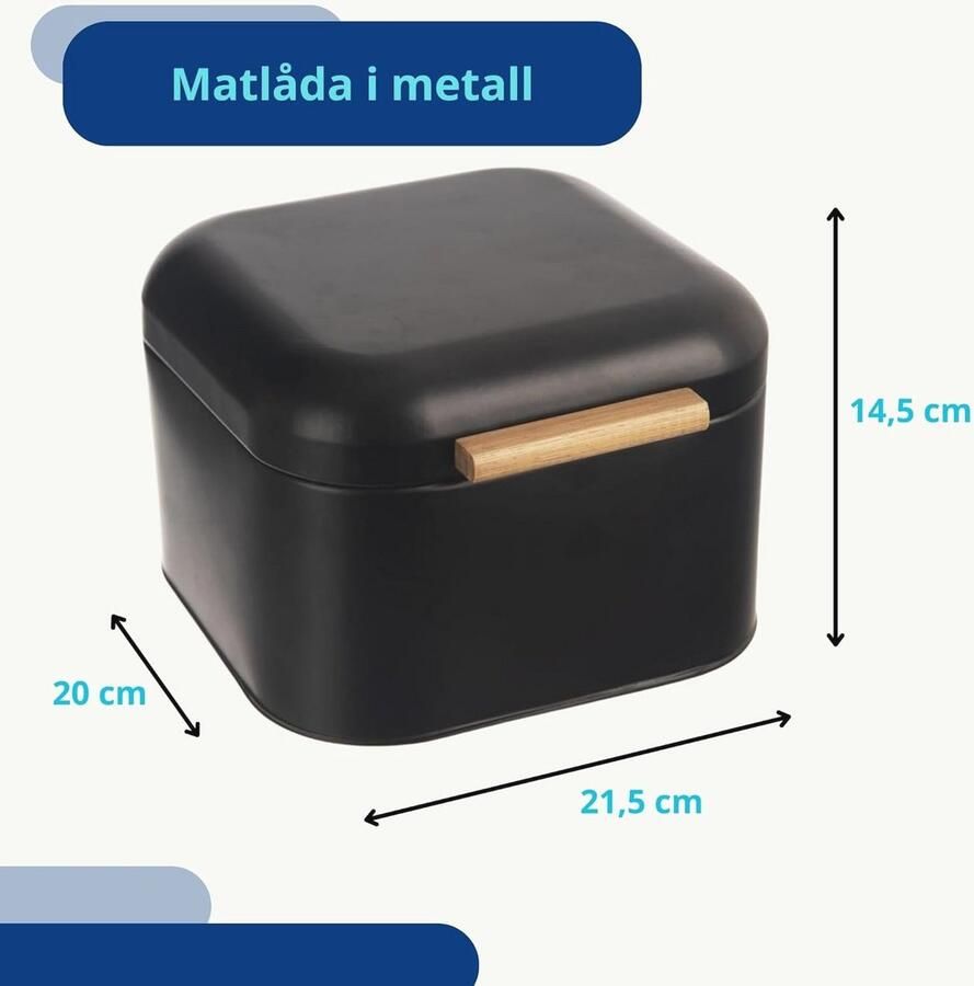 Zwarte metalen broodtrommel met bamboe handvat 21 5 x 20 x 14 5 cm