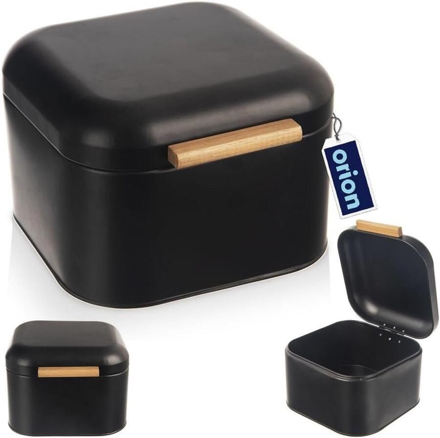 Zwarte metalen broodtrommel met bamboe handvat 21 5 x 20 x 14 5 cm