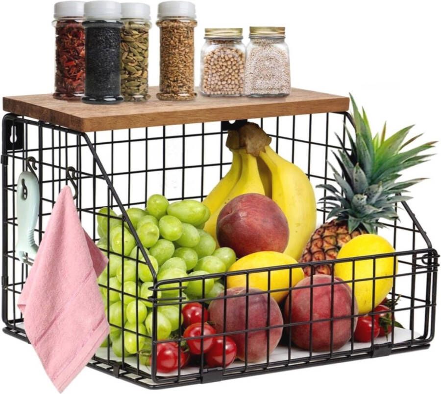 Zwarte Muur Gemonteerde Fruitmand met Houten Deksel Multifunctionele Keuken Organizer voor Fruit en Groenten