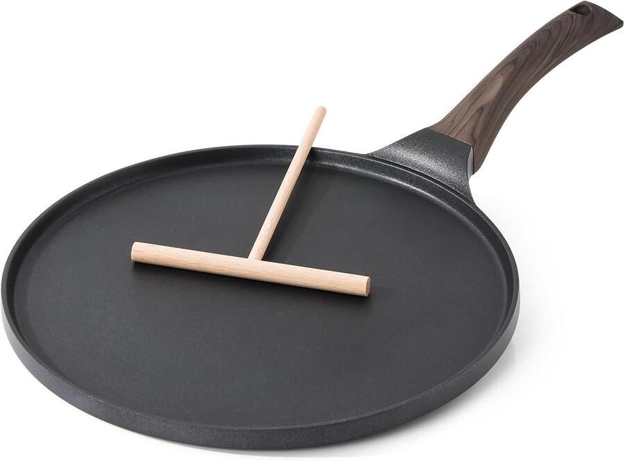 Zwarte Pannenkoekenpan 26 cm Anti-Aanbakpan voor Inductie Zwitserse Granieten Laag Bakelieten Handvat Vrij van Opzettelijk Toegevoegd PFOA Dosa ham-pan omlettpan pannenkoeken platte pan met deegverdeler bakelietgreep geschikt voor inductie
