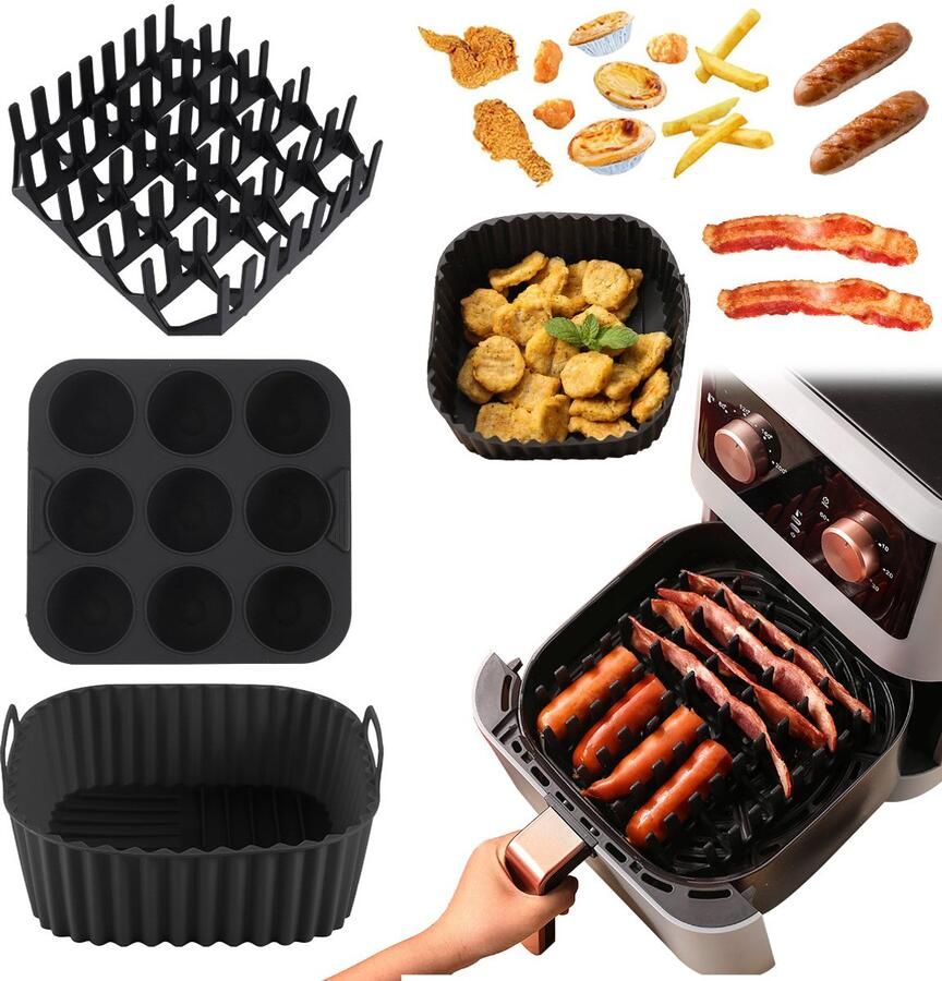 Zwarte set van drie stuks vierkante siliconen bakplaat voor de airfryer hotdog- en spekgrillrek hittebestendige cake- en geleivormen
