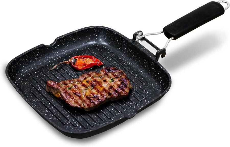 Zwarte Titanium Grillpan met Streepjes 28 x 28 cm Geschikt voor Inductie en Glaskeramische Kookplaten Gegoten Aluminium PFOA-vrij Met Afneembare Handgreep