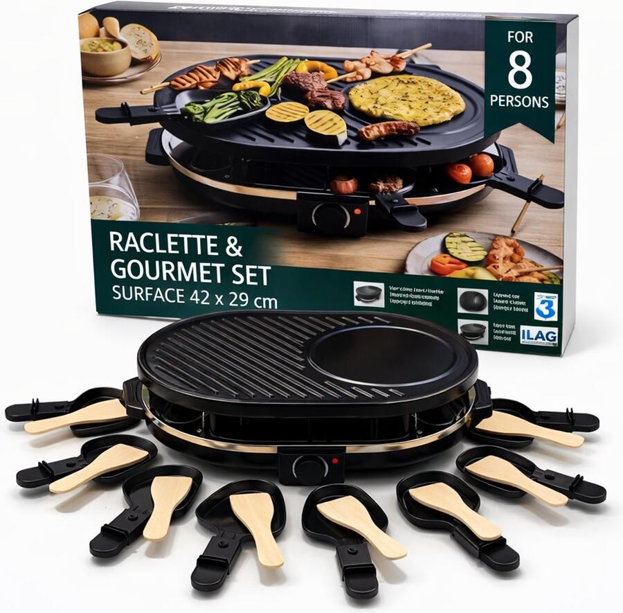 EasyMart Raclette & Gourmetstel voor 8 Personen 42 x 29 cm 1200-1400W Elektrische Tafelgrill Antiaanbakplaat Instelbare Thermostaat 8 Pannetjes + 8 Houten Spatels
