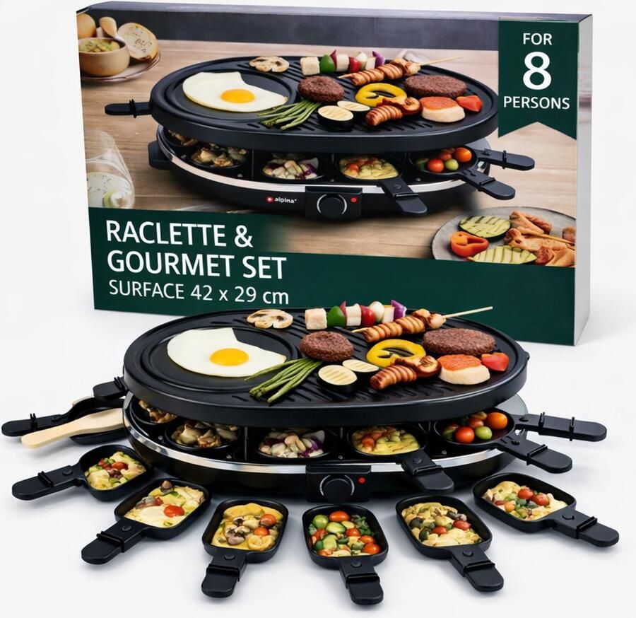 EasyMart Raclette & Gourmetstel voor 8 Personen 42 x 29 cm 1200-1400W Elektrische Tafelgrill Antiaanbakplaat Instelbare Thermostaat 8 Pannetjes + 8 Houten Spatels