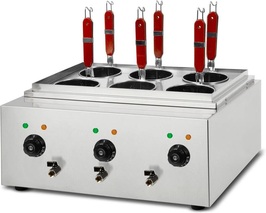 EBERTH VERTES Gastro pastakoker roestvrij staal elektrisch 3 x 1700 watt 3 aparte kookbakken van elk 6 liter 6 pastamandjes 3 aftapkranen 3 temperatuurinstellingen