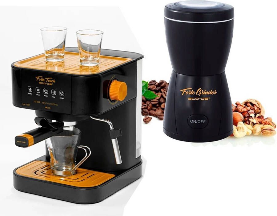 ECO-DE Espressomachine met koffiegrinder Espresso apparaat met koffiemolen Bonenmaler Piston Koffiezetapparaat Melkopschuimer Zwart oranje