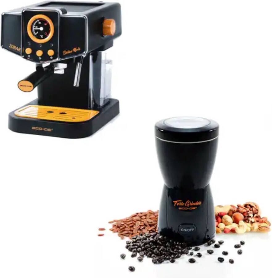 ECO-DE Sustainably C Espressomachine met koffiegrinder espresso apparaat met koffiemolen bonenmaler piston koffiezetapparaat melkopschuimer zwart oranje