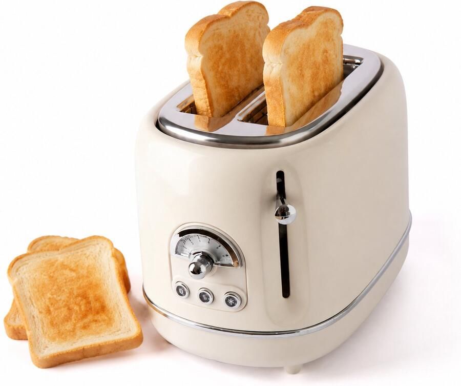 ECTEATOY Broodrooster 2 Brede Sleuven Retro Toaster met 6 Standen Roestvrij Staal (RVS) Ontdooifunctie Beige