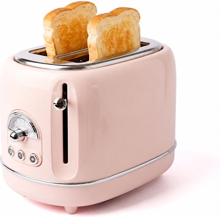ECTEATOY Broodrooster 2 Brede Sleuven Retro Toaster met 6 Standen Roestvrij Staal (RVS) Ontdooifunctie roze