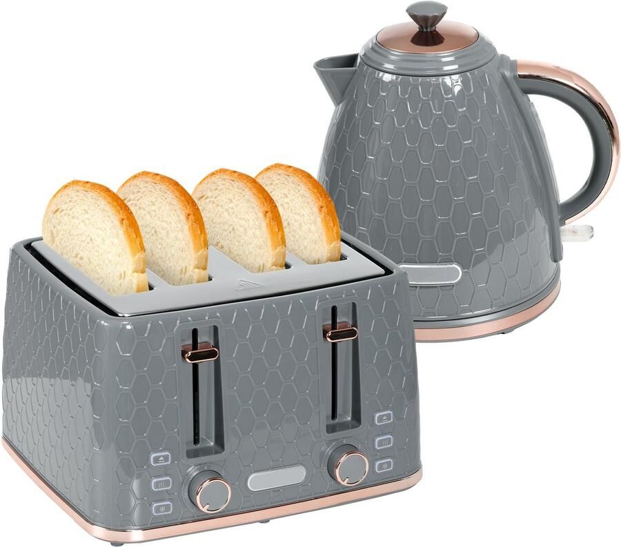 ECTEATOY Keukengerei set Waterkoker 1 7L & Broodrooster 4 Sneden Ontbijtset met 7 Bruiningsstanden & Droogkookbeveiliging Grijs