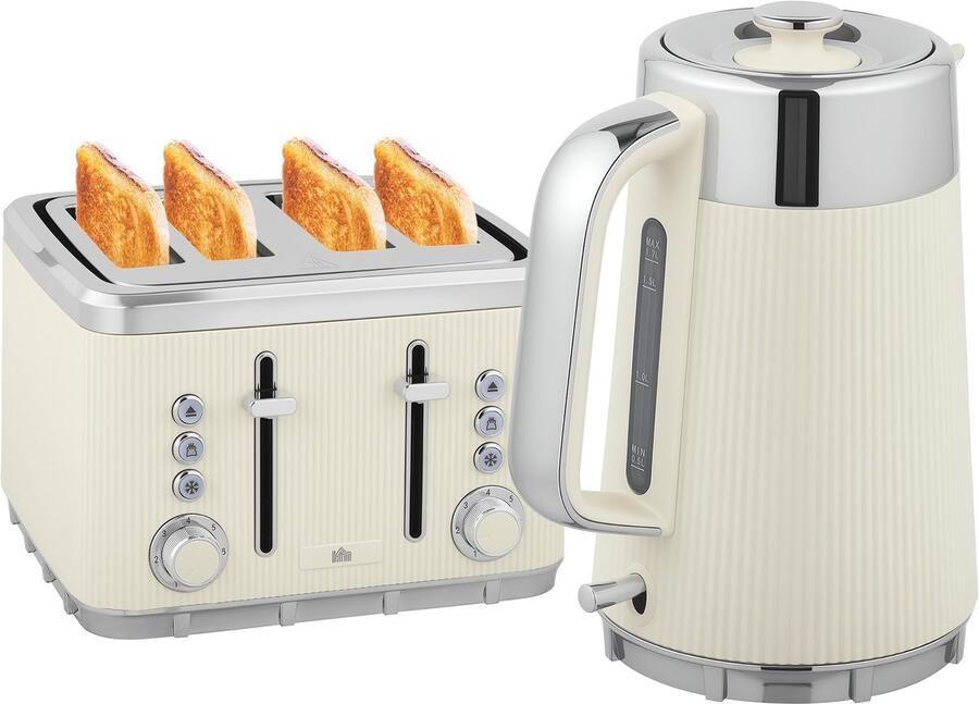 ECTEATOY Ontbijtset 1 7L Waterkoker en Broodrooster Set Met snelkookfunctie ontkalkingsfilter met 7 bruiningsniveaus 2200W crème