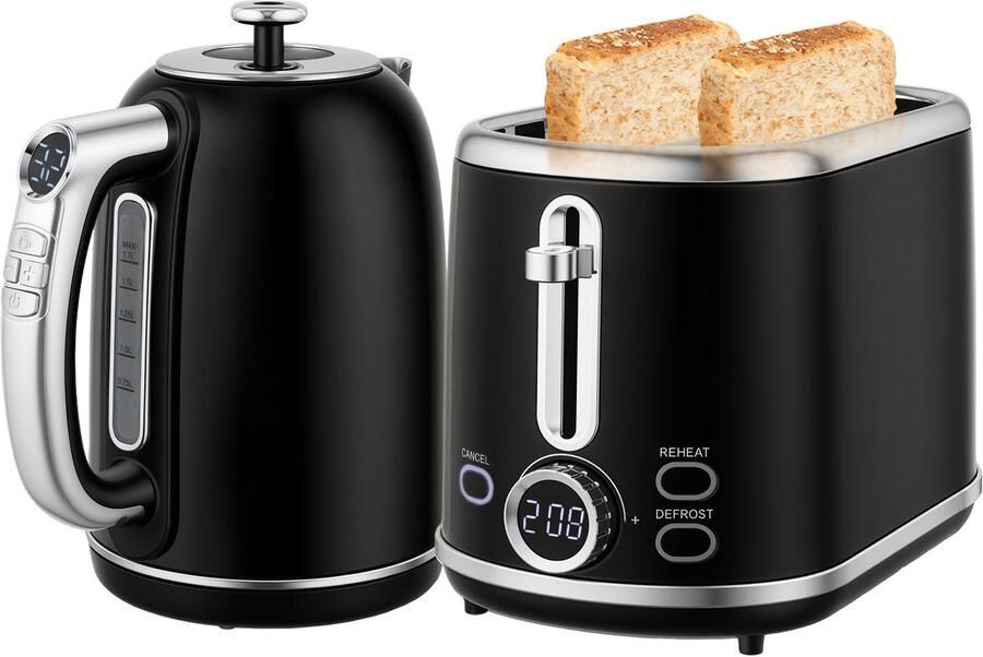 ECTEATOY Ontbijtset Waterkoker 1 7 Liter (2200W) met Temperatuurregeling & Broodrooster 2 Sneden RVS Zwart