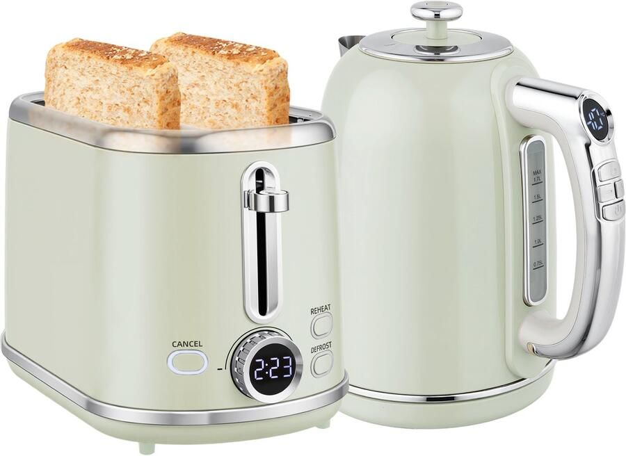 ECTEATOY Ontbijtset Waterkoker 1 7L 2200W met Temperatuurregeling & Broodrooster 2 Sneden Keukengerei set RVS Grijs