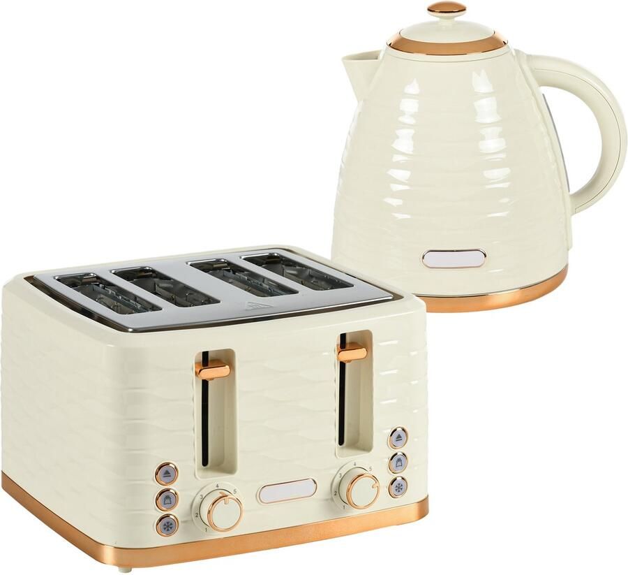 ECTEATOY Waterkoker en Broodrooster Set Waterkoker 1 7L en Broodrooster 4 Sneden 7 Bruiningsstanden Ontdooifunctie Beige