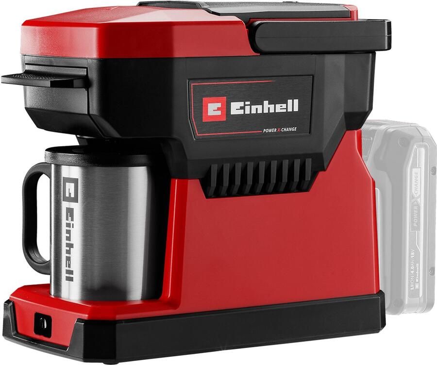 Einhell Accu Koffiezetapparaat TE-CF 18 Li Solo Power X-Change 18 V Li-Ion Inhoud waterreservoir: 240 ml 2-in-1: filterkoffiezetapparaat en koffiepadmachine Geleverd inclusief 1x RVS koffiemok (240 ml) Excl. accu en lader